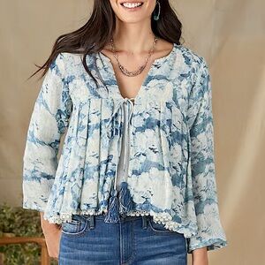 Sundance Alamwar Blue Linen Floral Tie Top Jacket